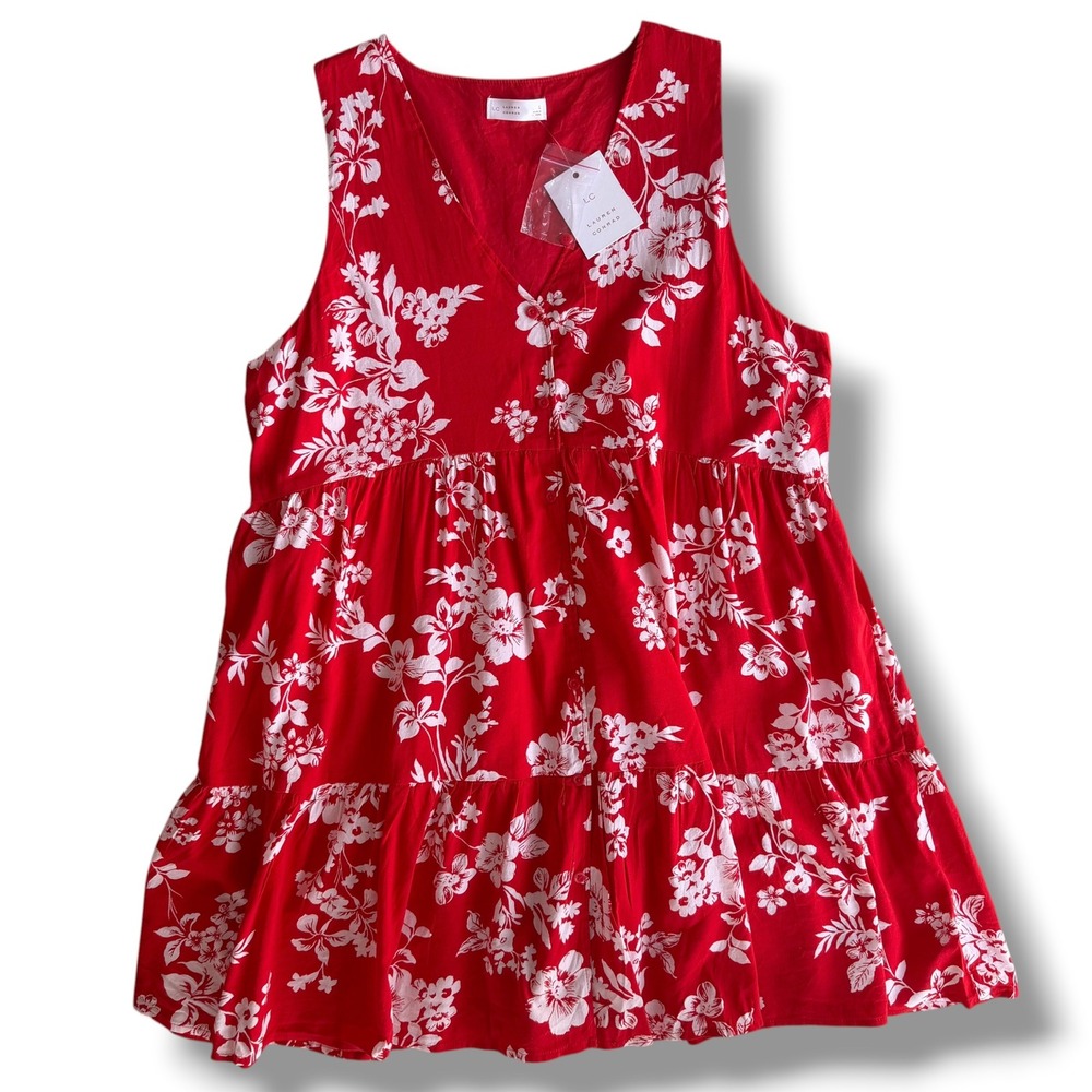 LC Lauren Conrad Women's L Red Libby Bloom Floral Tiered Sleeveless Dress Summer